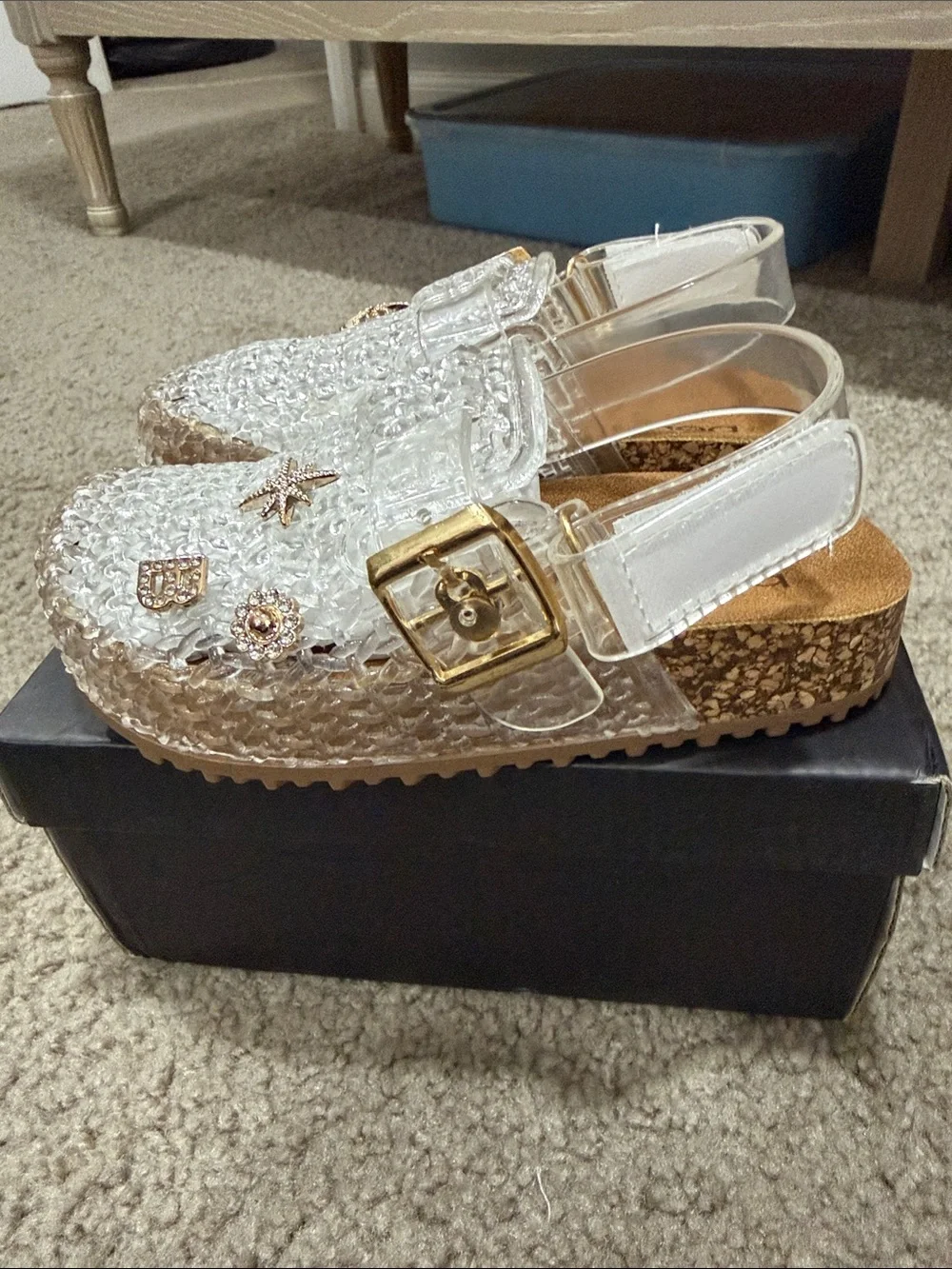 bebe Girls Clear Woven Jelly Platform Mules with Gold Accents